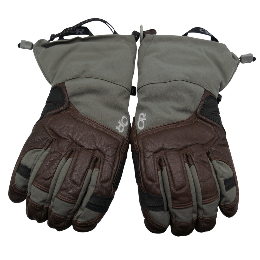 Outdoor Research Mens Large Leather Gauntlet Gloves Sage Green Brown with Liner
